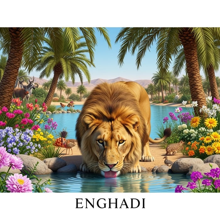 Enghadi Oasis: Majestic Lion Drinking Water in Intense Stare