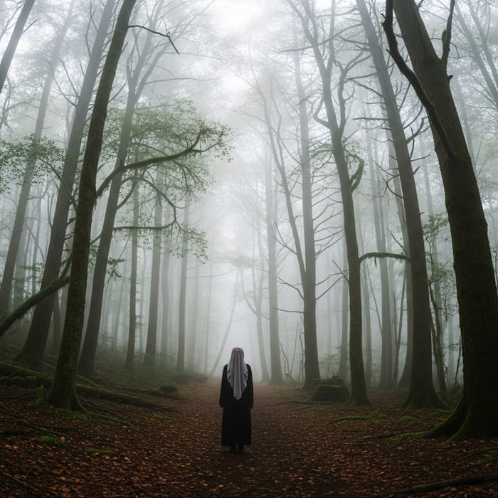Enigmatic Figure Veiled in Misty Forest | Fantasy Scene