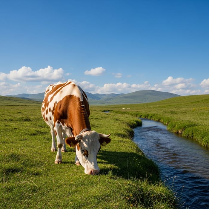 Peaceful Cow Grazing by a Serene Stream