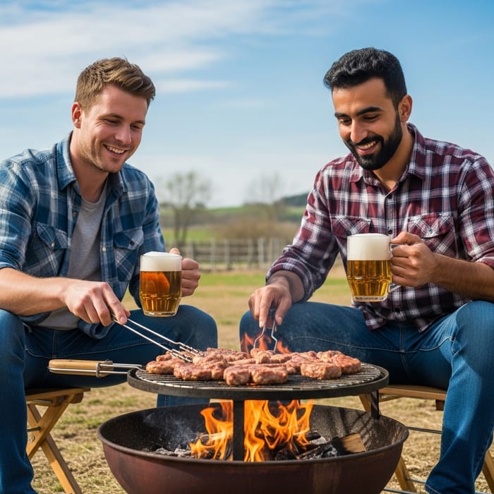 Rustic Farm Scene with Hillbillies BBQing and Beer Rustic Farm Scene with Hillbillies BBQing and Beer
