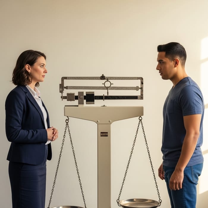 Professional vs Casual: Woman and Man on Scales Professional vs Casual: Woman and Man on Scales