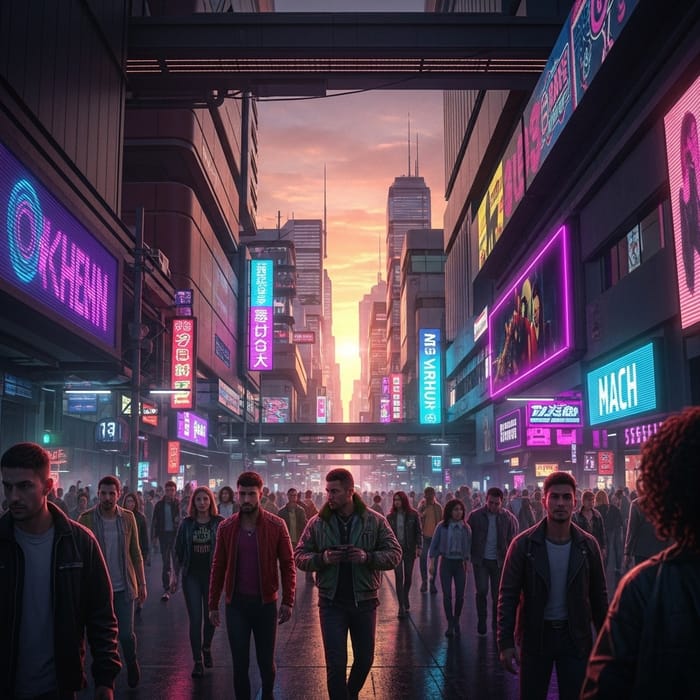 Neon Cyberpunk Cityscape at Sunset - Vibrant Metropolis