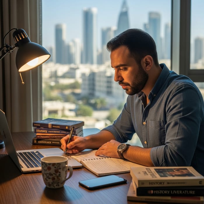 Middle-Eastern Man Working at a Desk - Office Workspace