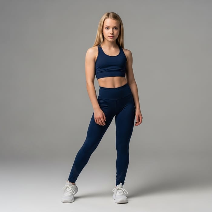 Athletic Blond Girl in Leggings: Confident Pose Athletic Blond Girl in Leggings: Confident Pose