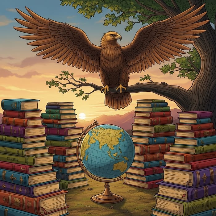 Majestic Eagle Overlooking Globe & Antique Books Majestic Eagle Overlooking Globe & Antique Books