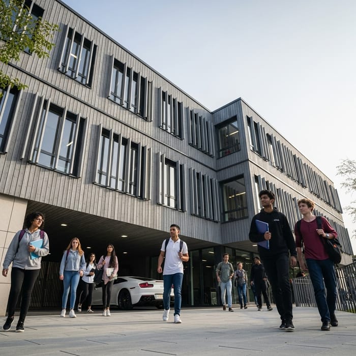 Contemporary School Building and Students with Luxury Car Contemporary School Building and Students with Luxury Car