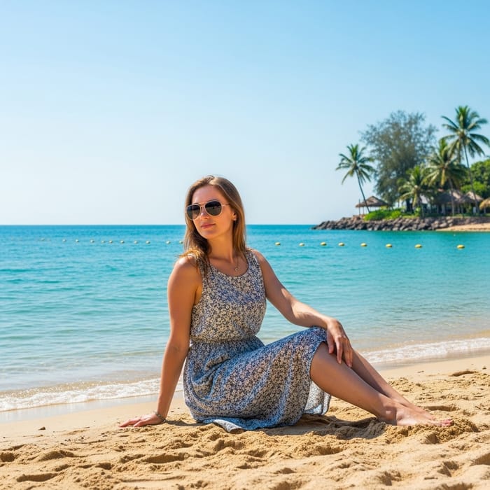 Tranquil Beach Scene: Young Woman Sitting By the Sea Tranquil Beach Scene: Young Woman Sitting By the Sea