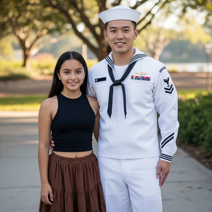 Asian Man in Seaman Uniform with Girl in Black Top and Brown Skirt