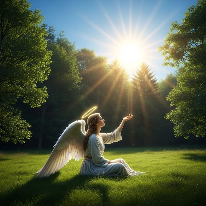 Angel in Green Forest Reaching Out to Sun
