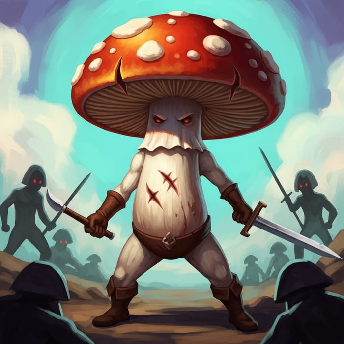 Courageous Mushroom Warrior in Vibrant Fantasy Battle Courageous Mushroom Warrior in Vibrant Fantasy Battle