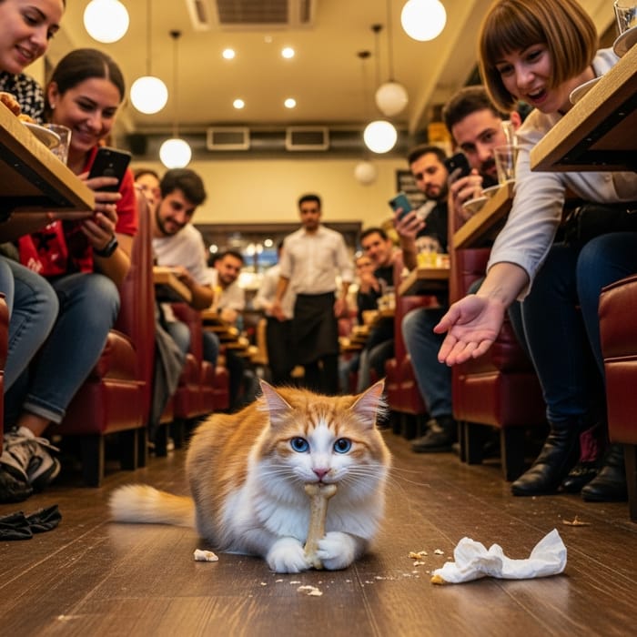 Captivating Cat with Beautiful Eyes Playfully Nibbling on Bone in Busy Restaurant