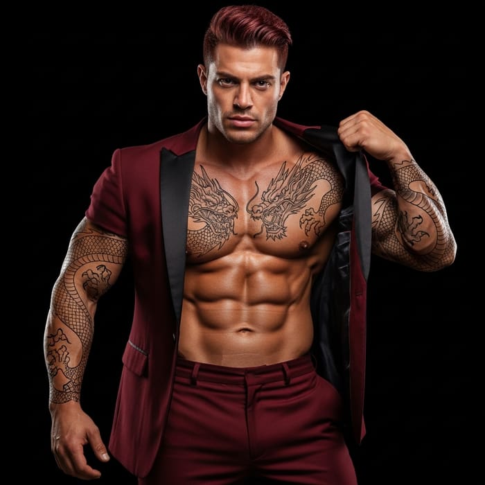 Strong Hispanic Man with Dragon Tattoo, Red Hair in Maroon Tuxedo Strong Hispanic Man with Dragon Tattoo, Red Hair in Maroon Tuxedo