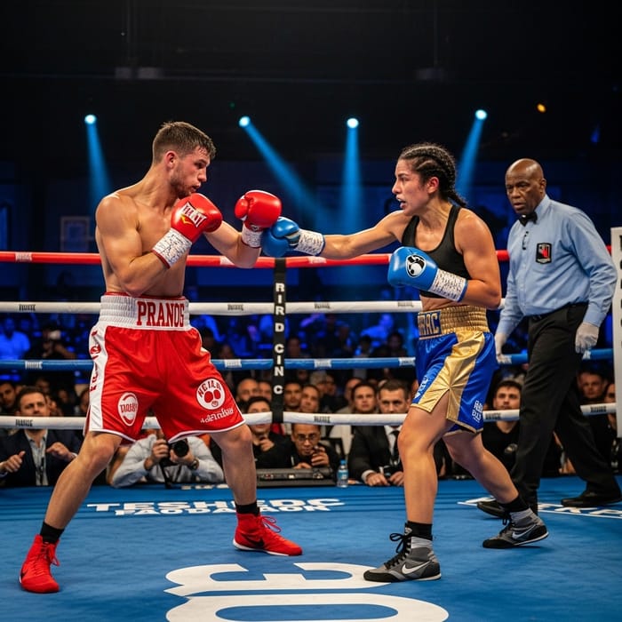 Intense Boxing Match: Male Fighter vs Female Boxer in Ring Battle
