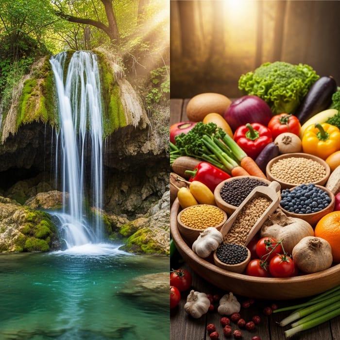 Lifesaving Nourishment: Water Cascading on Cliff & Abundant Harvest in Bowl