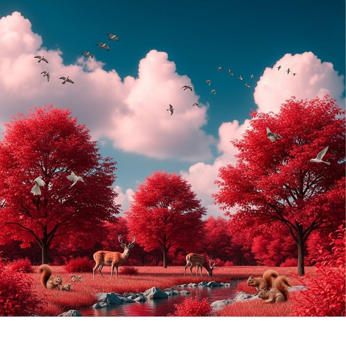 Wild Animals in Utopian Wildlife Scene: Nature, Blue Sky, Red Trees Wild Animals in Utopian Wildlife Scene: Nature, Blue Sky, Red Trees