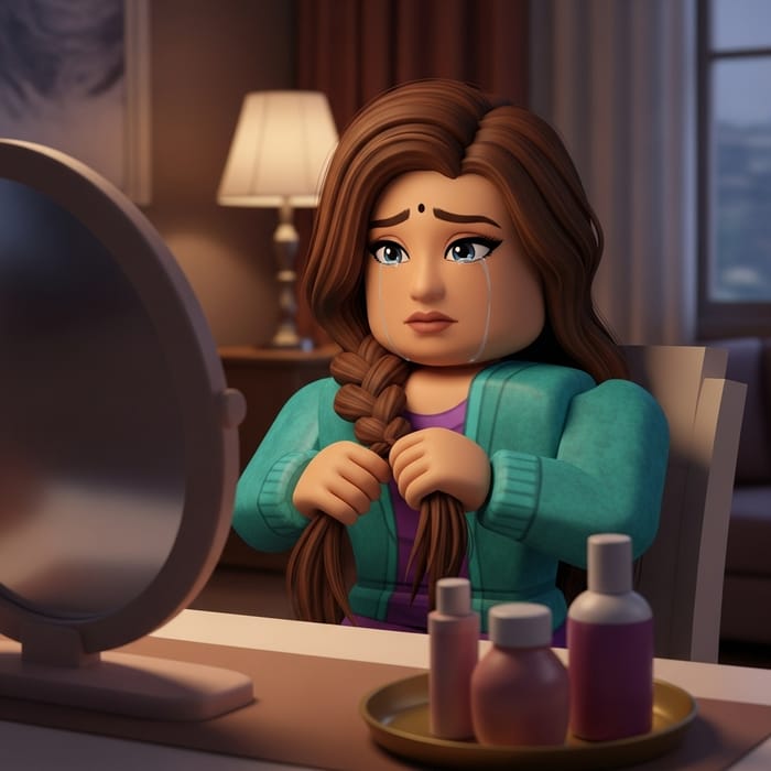 Roblox Style South Asian Woman Creating Intricate Braids with Tears Roblox Style South Asian Woman Creating Intricate Braids with Tears