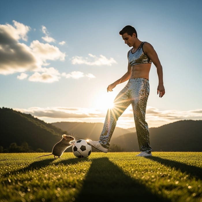 Playful Mouse and Stylish Person Enjoy Ball Game in Field Playful Mouse and Stylish Person Enjoy Ball Game in Field