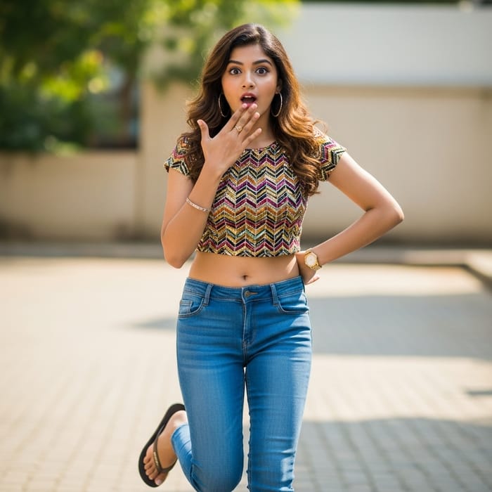 Trendy Girl in Crop Top, Jeans, and Flip Flops Trendy Girl in Crop Top, Jeans, and Flip Flops