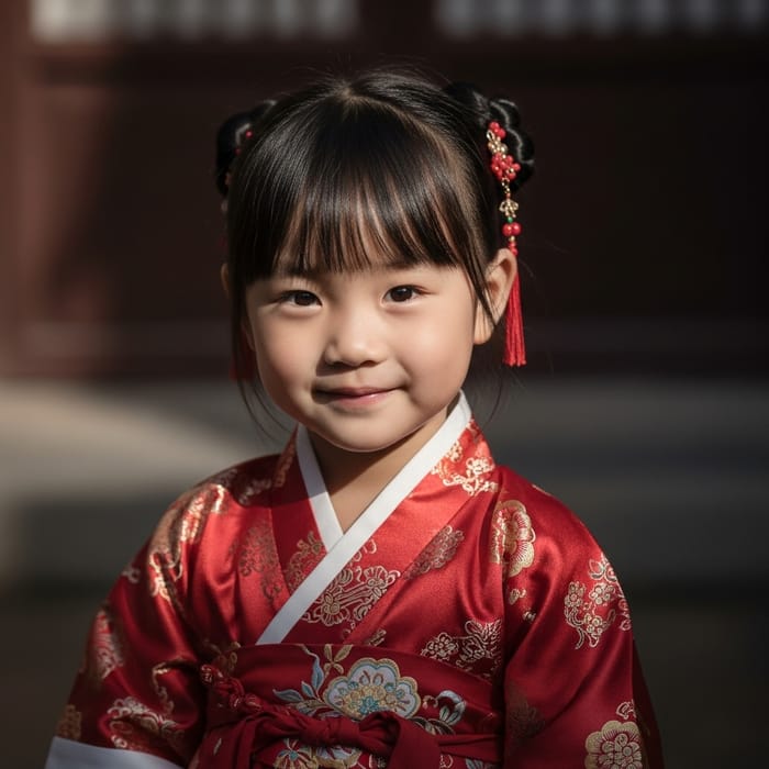 Heartwarming Four-Year-Old Chinese Girl in Red Traditional Hanfu Dress