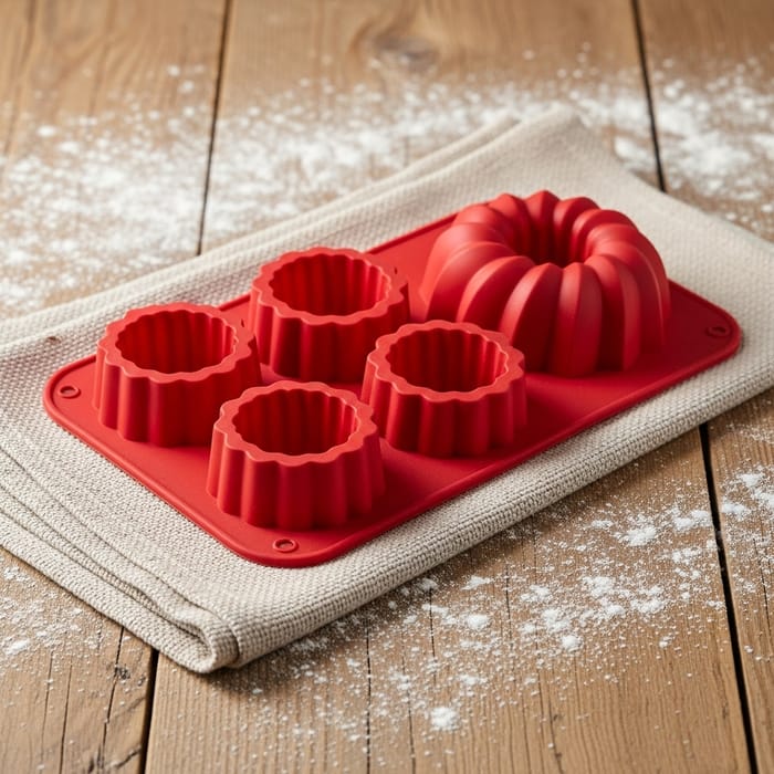 Red Silicone Baking Mold on Flour-Dusted Wooden Table Red Silicone Baking Mold on Flour-Dusted Wooden Table