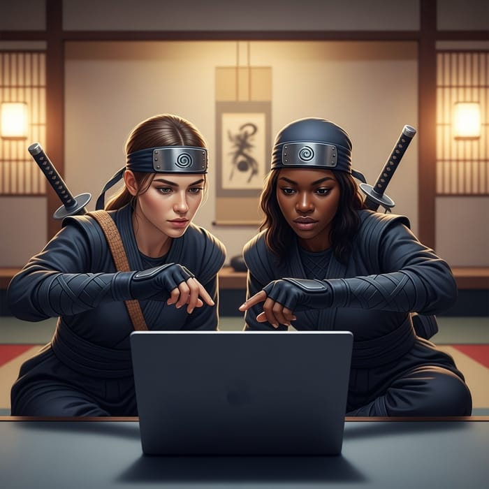 Ninja Women in Front of Laptop - Modern Tech Work Scene