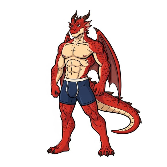 Confident Dragon Demi-Human in Tight Boxers | Vibrant Cartoon Art