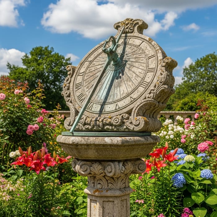 Vintage Sundial in Traditional Garden Setting Vintage Sundial in Traditional Garden Setting