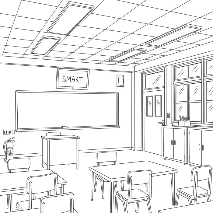Classroom Sketch: Simple Black and White Scene with SMART TV