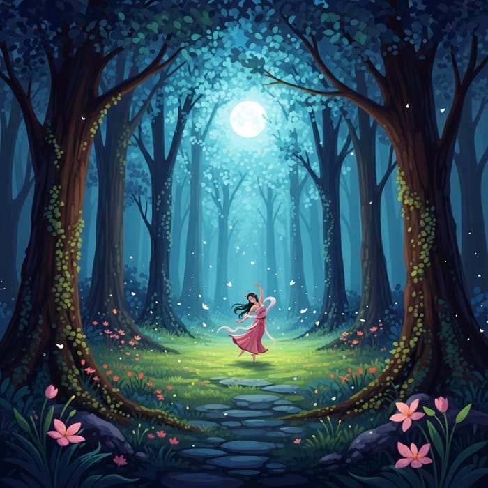 Enchanting Moonlit Forest Nymph Dance | Vibrant Fantasy Scene