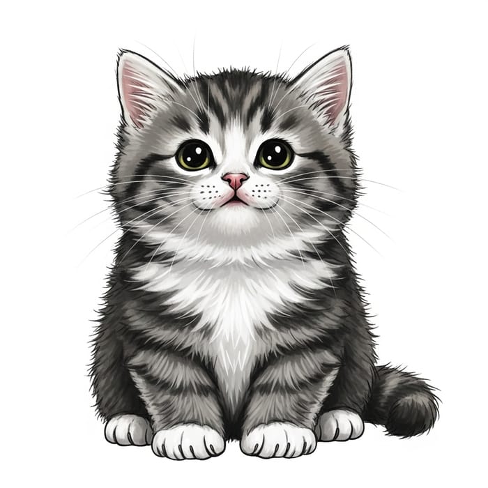 Whimsical Adorable Chunky Kitten Drawing | Pure White Background Whimsical Adorable Chunky Kitten Drawing | Pure White Background