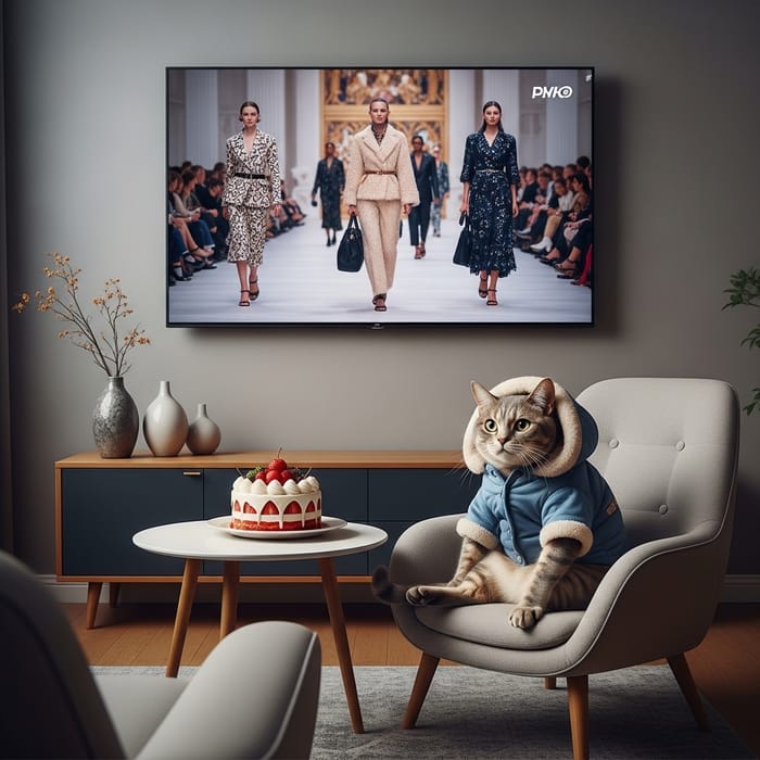 Cozy Room with Stylish Cat Watching TV Show