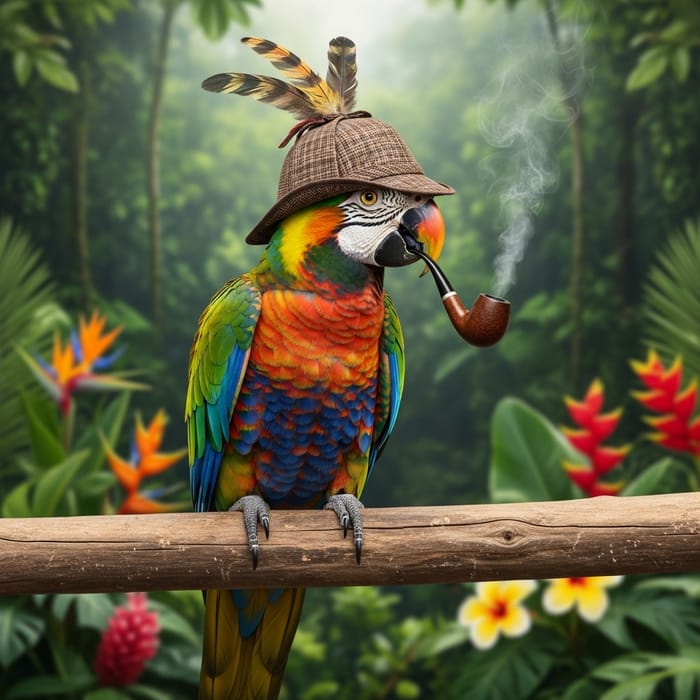 Colorful Parrot with Unique Feathers and Hat Perched on Branch