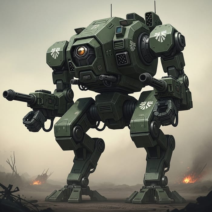 Zaku IIs - Sci-Fi Robotic Military Titans in Dark Green on Warzone Background Zaku IIs - Sci-Fi Robotic Military Titans in Dark Green on Warzone Background