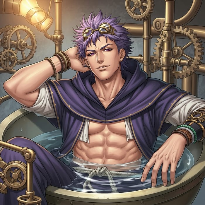Handsome Male Monk with Violet Hair in Steampunk Bath Handsome Male Monk with Violet Hair in Steampunk Bath