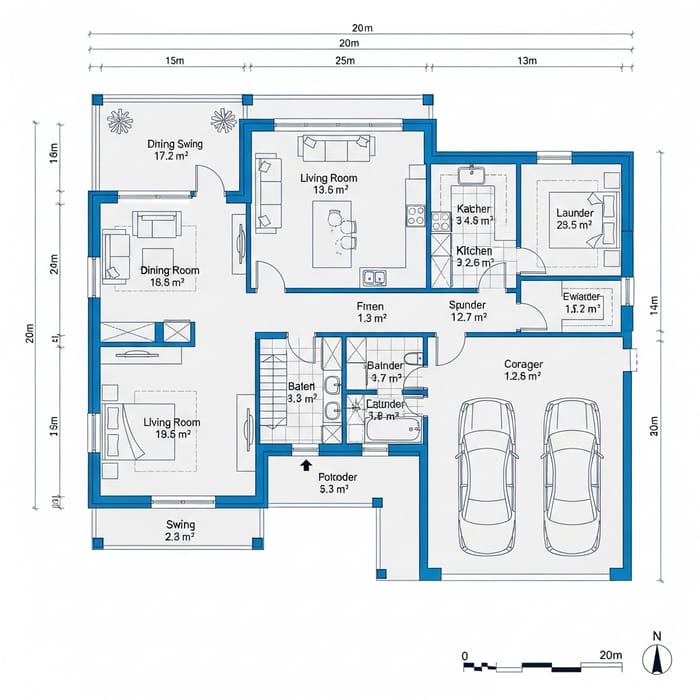 20x13m House Design with Living, Dining, Bath, Kitchen, Laundry, Garage