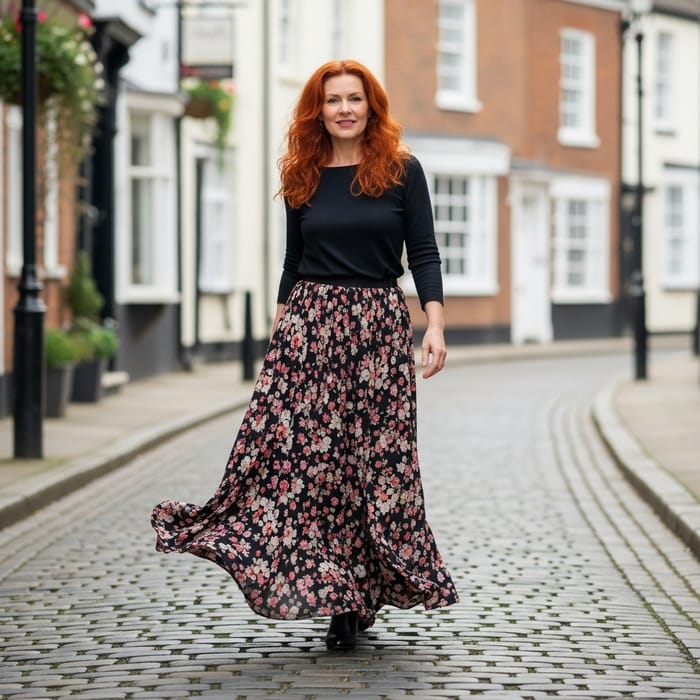 Elegant Woman in Her 40s with Red Hair | Stylish Long Skirt Look Elegant Woman in Her 40s with Red Hair | Stylish Long Skirt Look