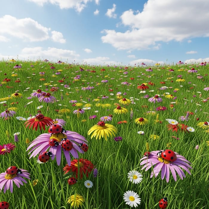 Sunny Day Ladybug and Flower Scene