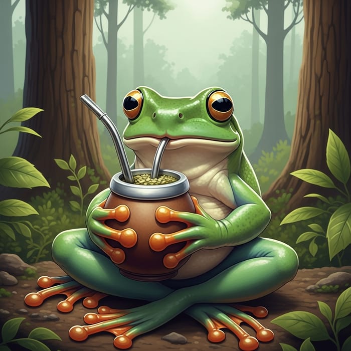 Frog Drinking Yerba Mate in Green Forest