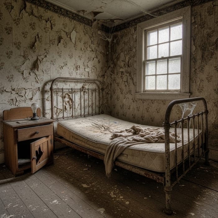 Weathered Bedroom with Broken Bed | Aged Walls Weathered Bedroom with Broken Bed | Aged Walls