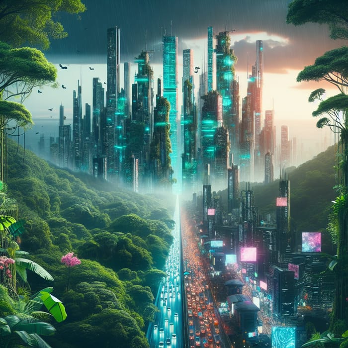 Rainforest Transformation: Cyberpunk Cityscape Evolution