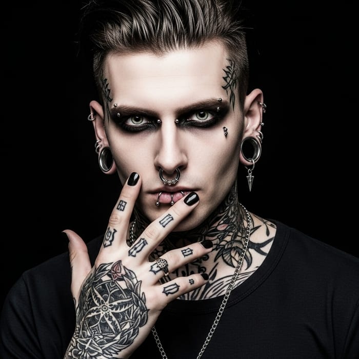 Expressive Gothic Bad Boy with Piercings and Tattoos Expressive Gothic Bad Boy with Piercings and Tattoos