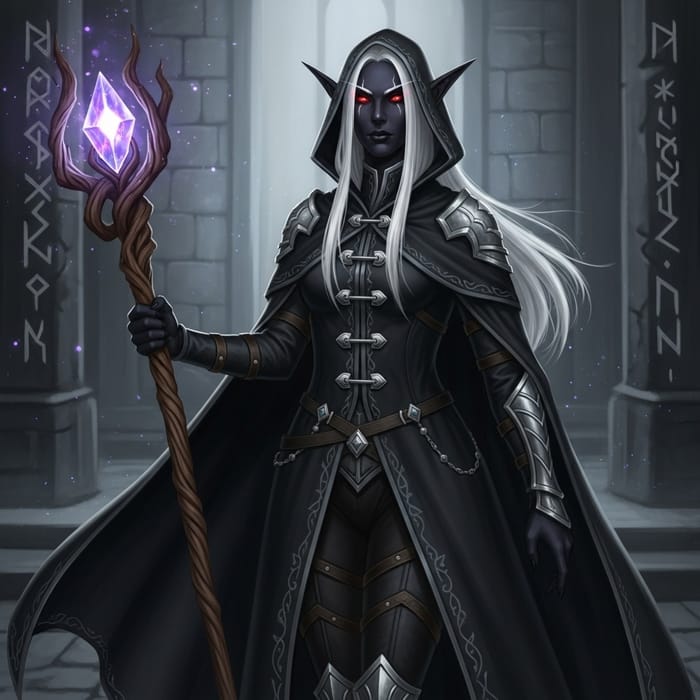 Dark Elf Female with Pointed Ears - Black Mage Cape & Staff Dark Elf Female with Pointed Ears - Black Mage Cape & Staff
