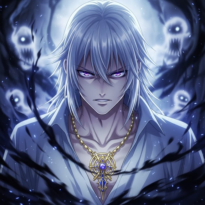 Mystical Anime Character with Intense Purple Gaze