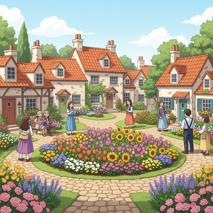 Blooming Flower Bed in Charming Village | Tranquil Village Scene Blooming Flower Bed in Charming Village | Tranquil Village Scene