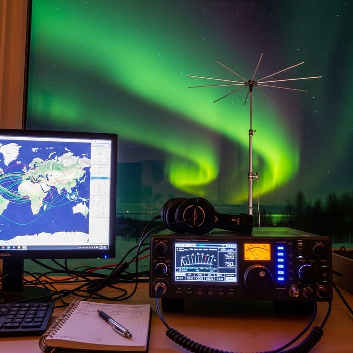 Ham Radio QSO with 7 Element Yagi Antenna under Aurora Borealis