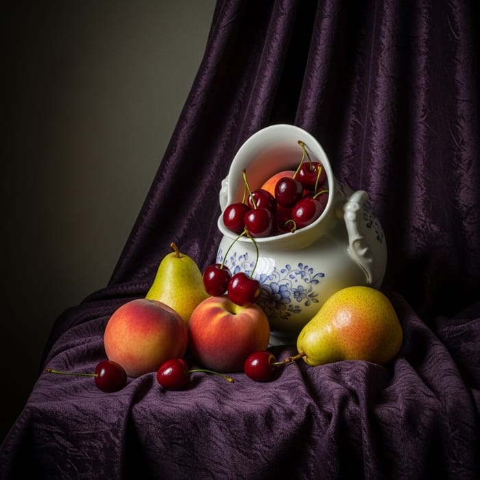 Elegant Still Life: Porcelain Vase Overflowing with Fresh Fruits