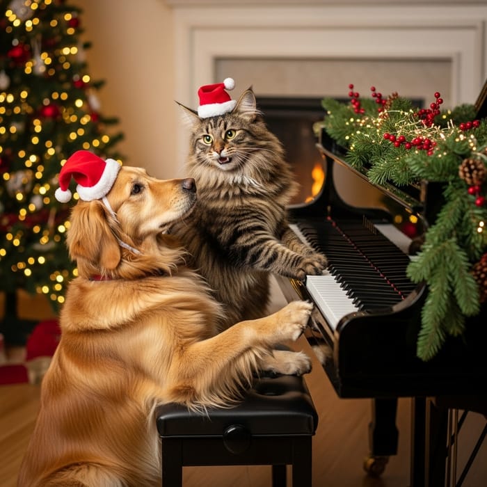 Norwegian Cat and Golden Retriever Festive Piano Harmony