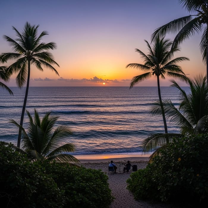 Tranquil Beach Evening: Serene Ocean, Palm Trees & Sunset Melodies Tranquil Beach Evening: Serene Ocean, Palm Trees & Sunset Melodies