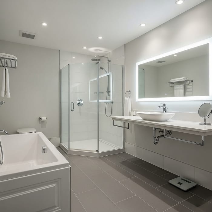 Modern Bathroom Design: Sleek Gray Tiles, Glass Shower & Ceramic Bathtub