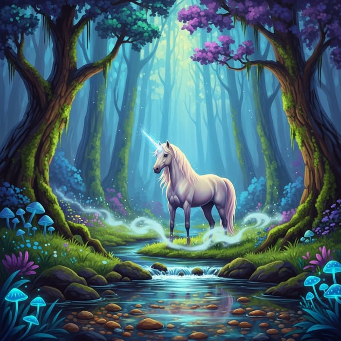 Mystical Forest Unicorn Scene | Vibrant Digital Artwork